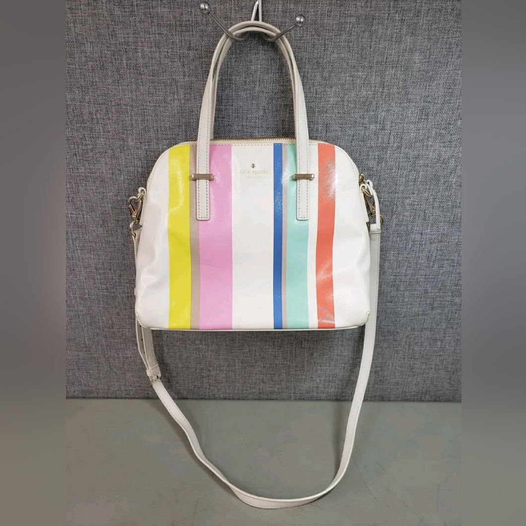 Kate Spade Ny White W/ Multicolor Stripe Colorful Dome Crossbody Bag Purse